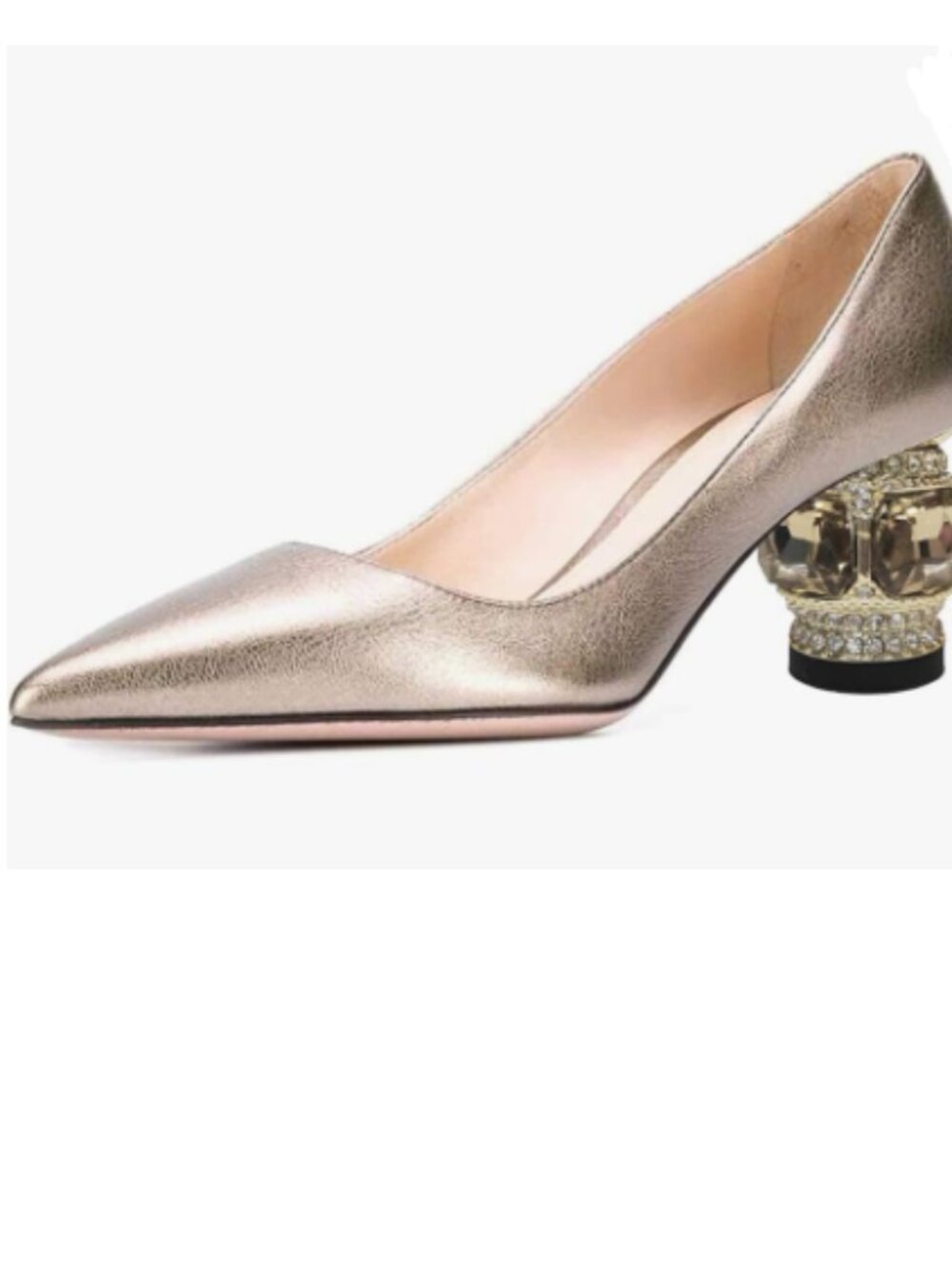 FSJ Gold Bridal Pointed Toe Chunky Low Heel Crystal Pumps Slip on Wedding Shoes